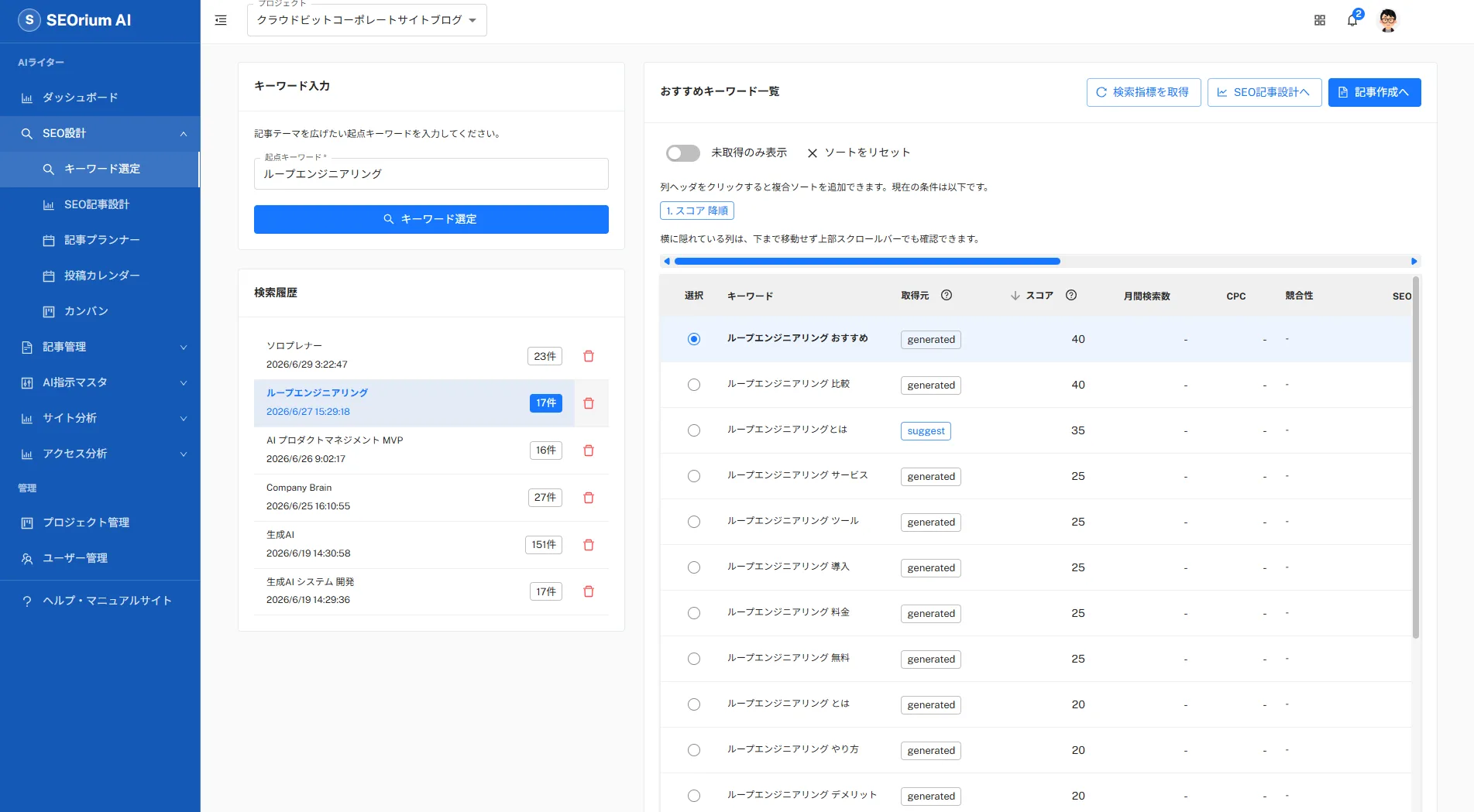 SEOrium AIのキーワード調査・提案画面