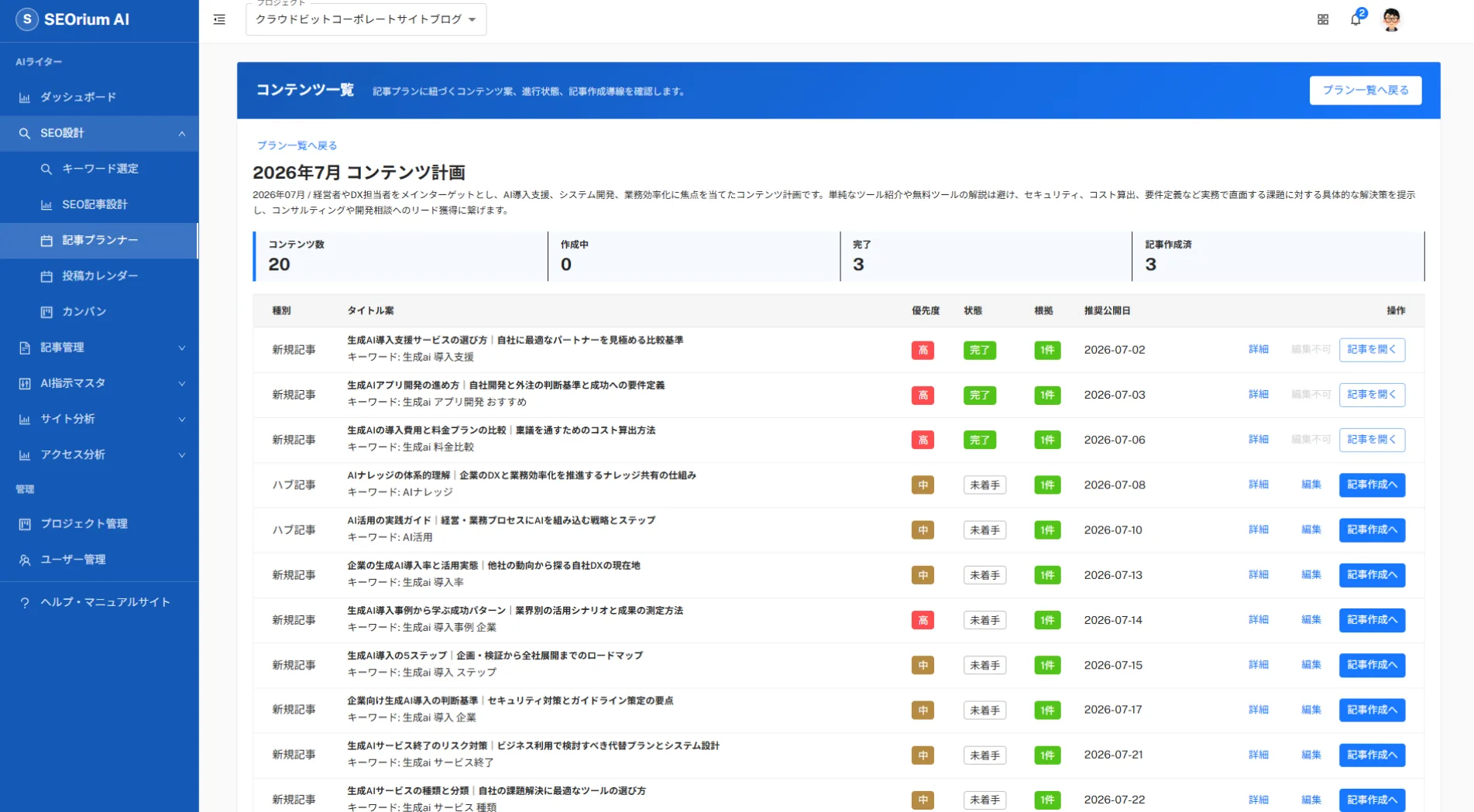 SEOrium AIの記事プランナー画面